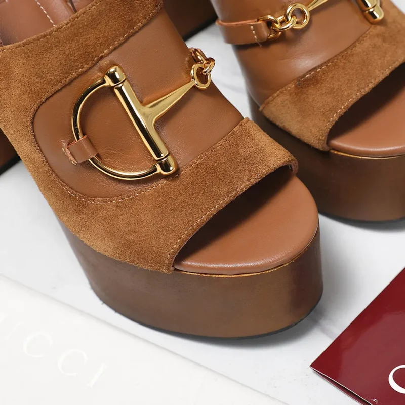 Gucci Women Platform Sandal with Horsebit-Brown 834420AAEXM